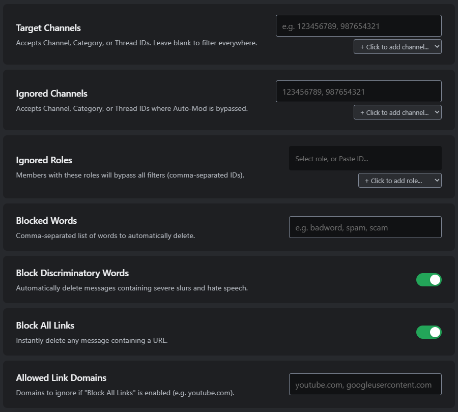 Alto Auto-Mod Filters settings screenshot showing target channels, ignored channels, ignored roles, blocked words, link blocking, and allowed link domains