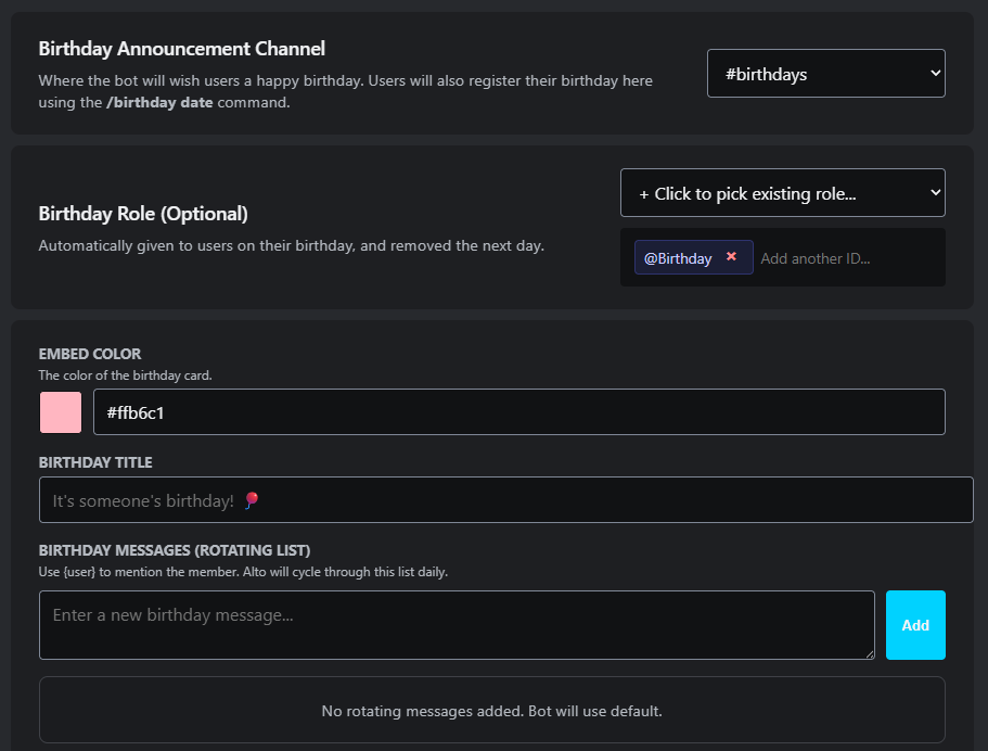 Alto Birthdays settings screenshot showing birthday announcement channel, optional birthday role, embed color, birthday title, and rotating birthday messages configuration