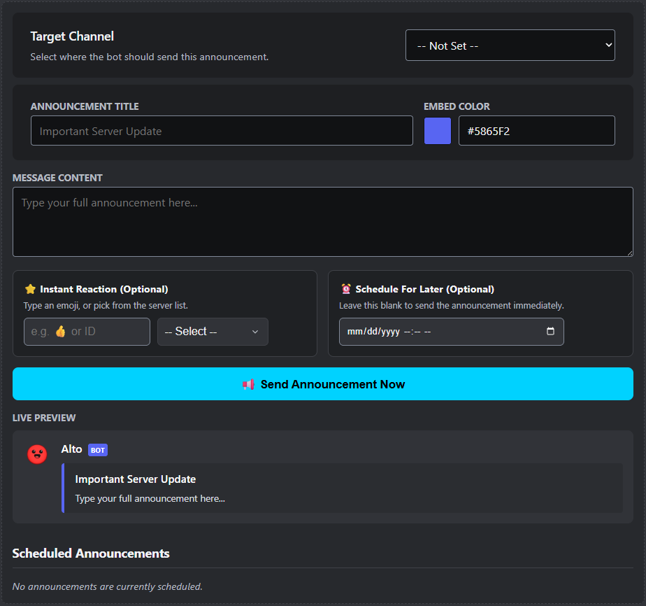 Alto Bot Announcer settings screenshot showing target channel, announcement title, embed color, message content, instant reaction, schedule for later, send announcement button, live preview, and scheduled announcements