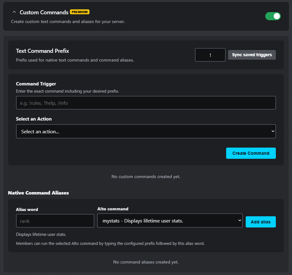 Alto Custom Commands settings screenshot showing text command prefix, command trigger, action selection, create command controls, and native command aliases