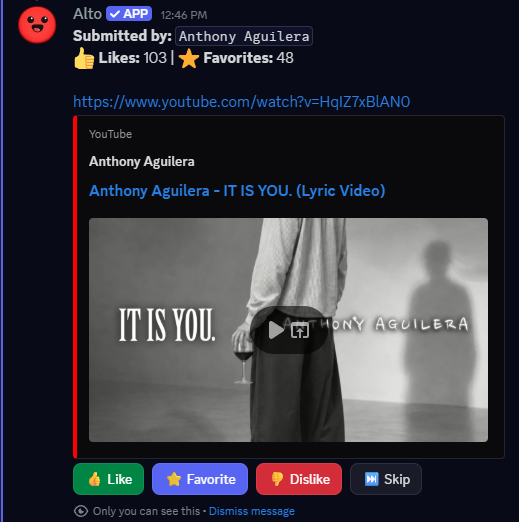 Alto Discovery Mini-Game message showing the submitted by line, likes, favorites, a YouTube track preview, and Like, Favorite, Dislike, and Skip buttons