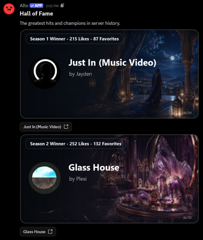 Alto Hall of Fame showcase with two winner Profile Cards displaying contest labels, Likes, Favorites, track titles, and artist names