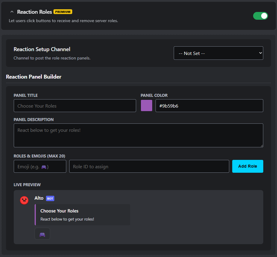 Alto Reaction Roles settings screenshot showing reaction setup channel, reaction panel builder, panel title, panel color, panel description, roles and emojis, and live preview