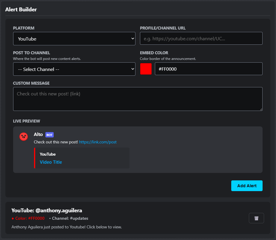 Alto Social Media Alerts settings screenshot showing the alert builder with platform, profile or channel URL, post channel, embed color, custom message, and live preview