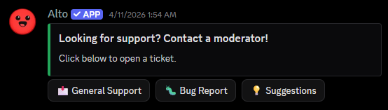 Alto Ticket Support screenshot showing a support prompt and buttons for General Support, Bug Report, and Suggestions