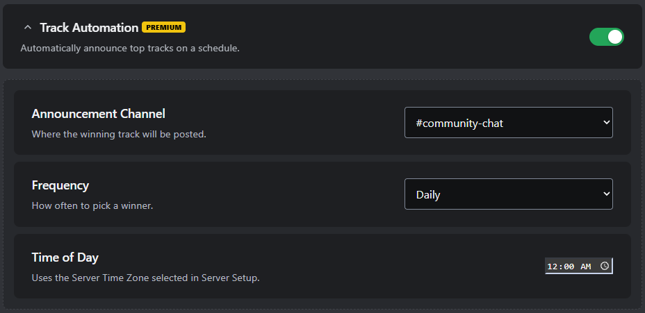 Alto Track Automation settings screenshot showing announcement channel, frequency, and time of day configuration
