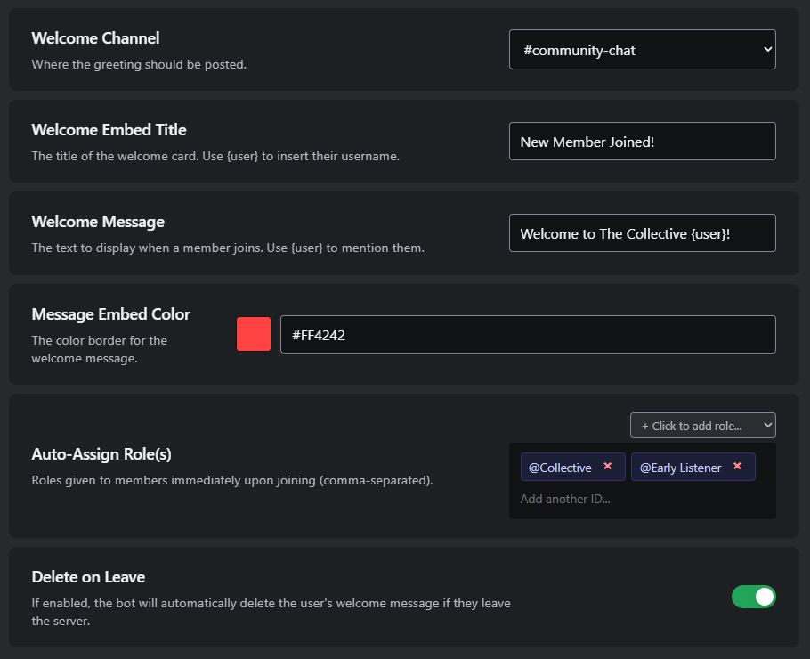 Alto Welcome Message and Roles settings screenshot showing welcome channel, embed title, welcome message, embed color, auto-assign roles, and delete on leave toggle