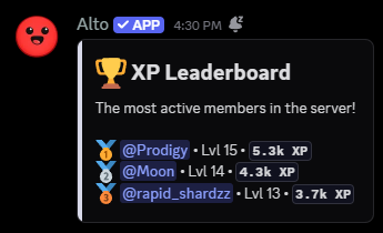 Alto XP leaderboard screenshot showing ranked users, level displays, and XP totals